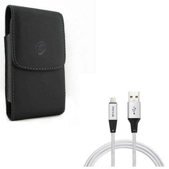 Black Vertical Leather Phone Case Side Cover Protective Pouch w Durable Braided 6ft Long USB Cable Sync Wire A1Y Compatible With iPhone XS X 8 7 6S 6 11 Pro