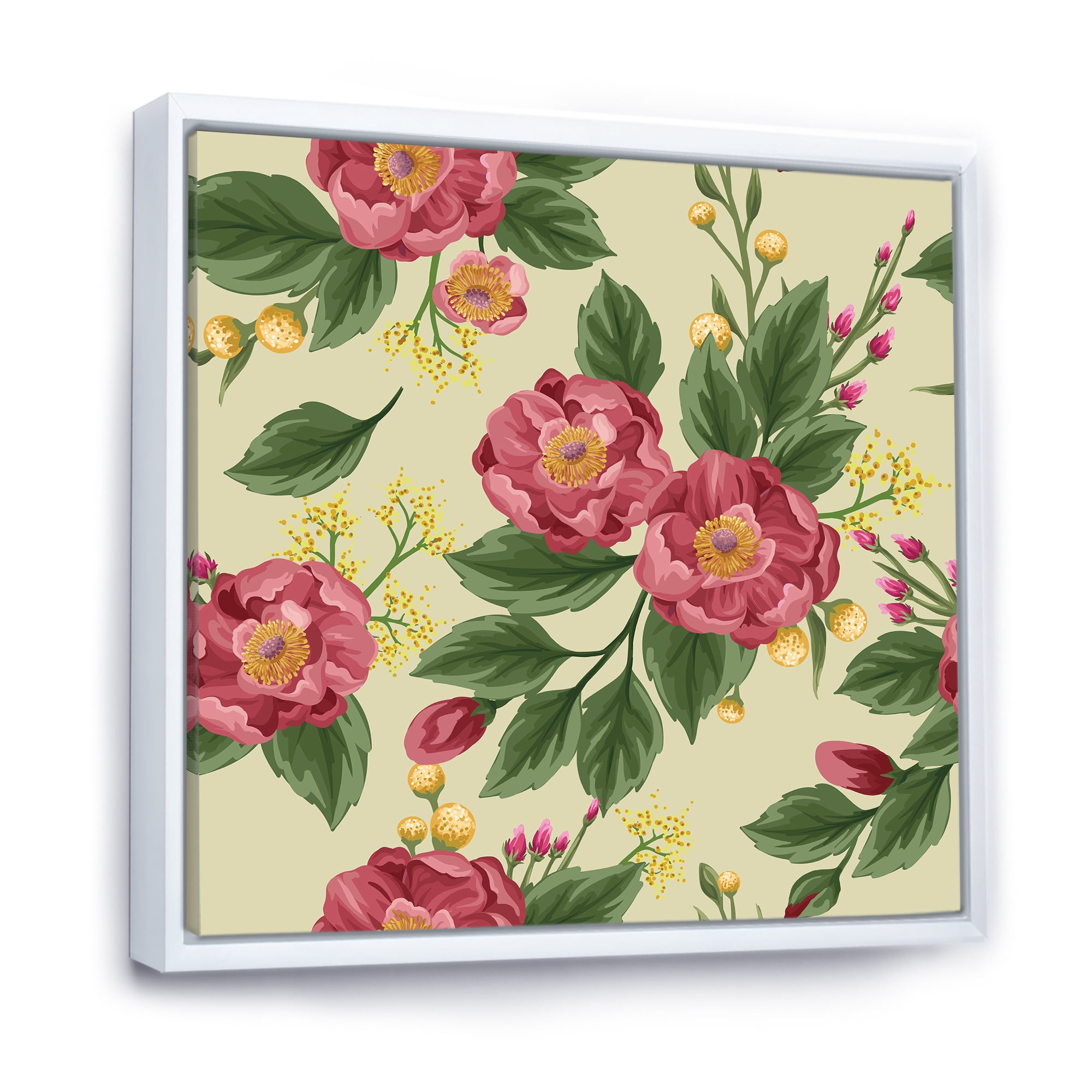 Designart 'Vintage Sweet Peas and Peonies On Beige' Traditional Framed Canvas Wall Art Print