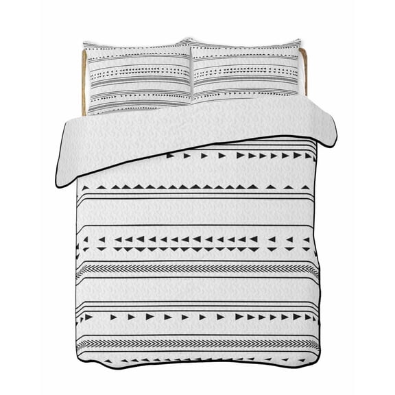 Boho Black White Modern Stripes Summer Quilt Set Queen Size,Soft Quilted Bedding Set with 2 Pillow Shams,Farmhouse Abstract Art Lightweight All Season Bedspread Coverlet for Bedroom 90"x96"