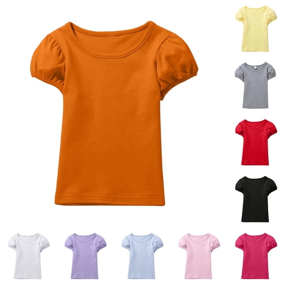 CUZIBR Girls Tops Crewneck Solid Color Soft Short Sleeve T Shirt Cute Puff Sleeve Comfortable Casual For Toddler Kids Holiday Tee Dailywear,Orange,5-6 Years