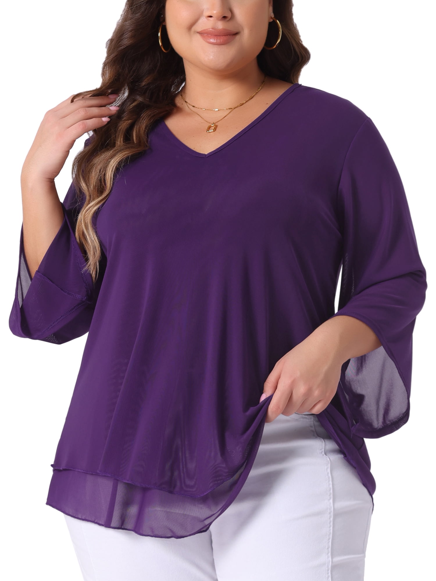 Women's Plus Shirt 3/4 Sleeve Scoop Neck Double Layers Blouse Top L Purple