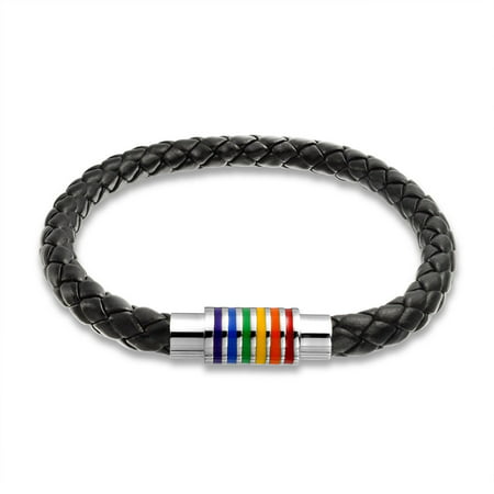 Gay Pride Rainbow Black Braided Leather LGBT Bracelet Woven Bangle Bracelet For Men For Women Stainless Magnetic