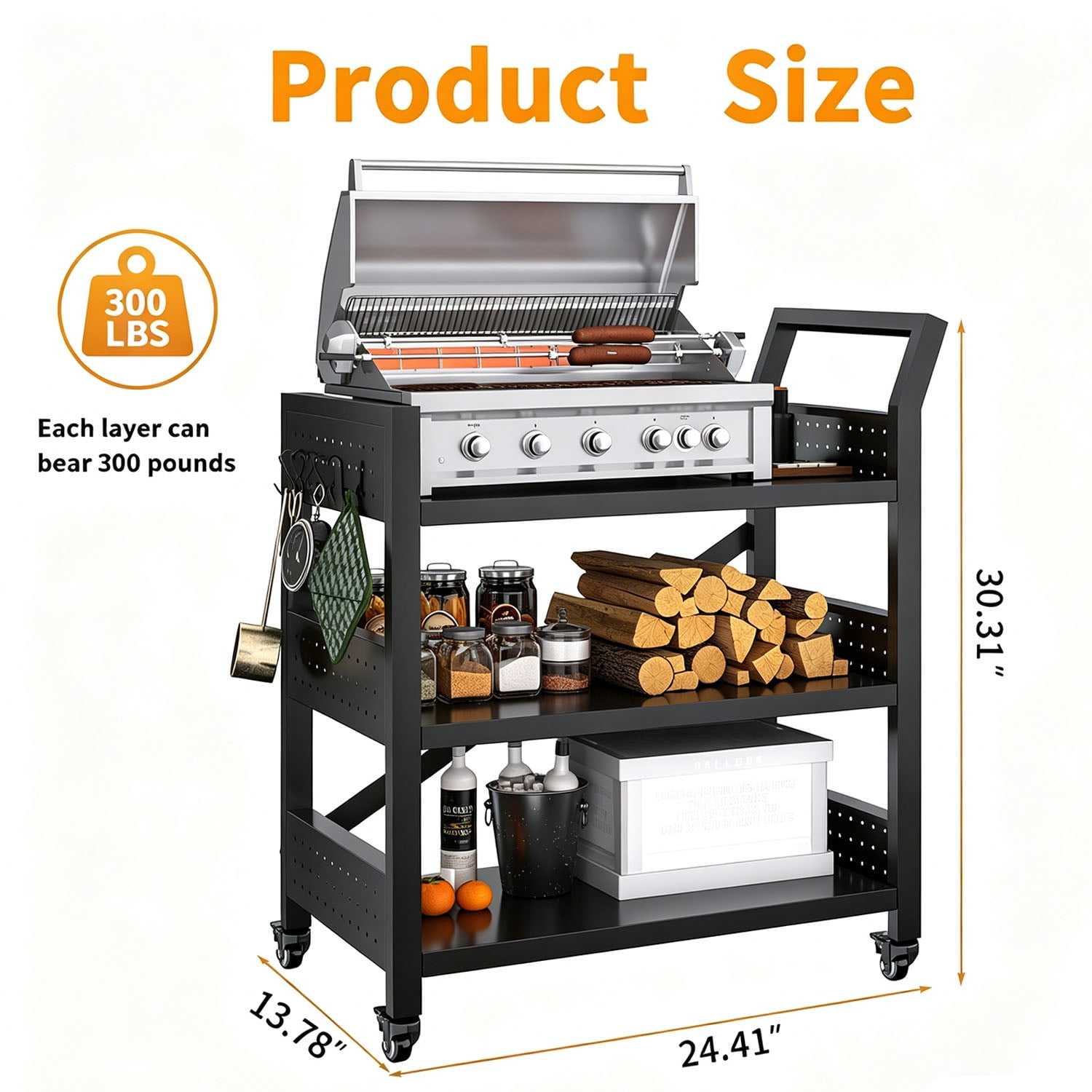 Heavy-Duty Grill Cart with 3-Tier Storage and Pegboard for BBQ