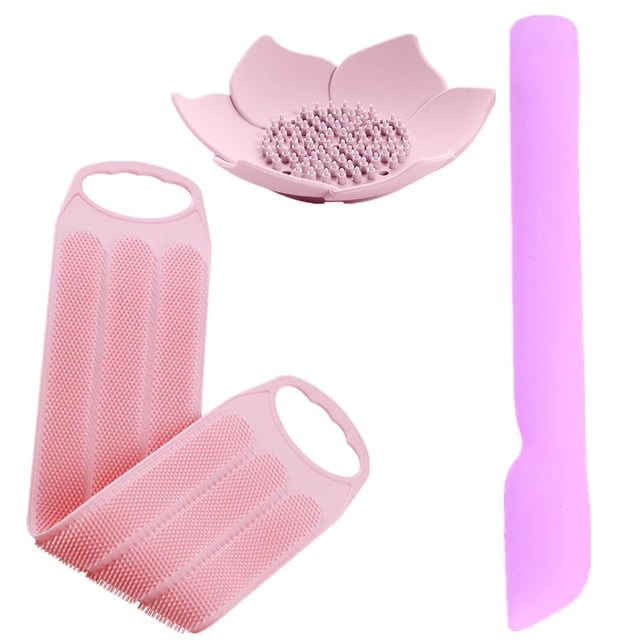 Bearachild Tres piezas inodoro no tóxico y eficaz exfoliación viaje al aire libre portátil de silicona herramienta de vida bandeja de jabón Toalla de Juegos de accesorios de baño Rosado Bearachild HA028145-02