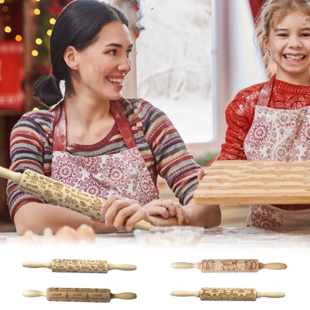 Fiudx Ofertas relámpago Rodillo de cocina de madera tallada y grabada con relieve para Navidad