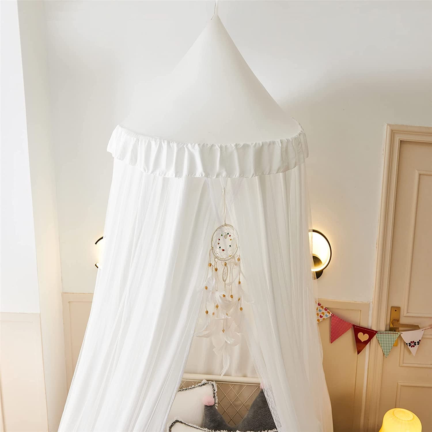 Bed Canopy for with Lights,Double Layer Princess Round Dome Dreamy Mosquito Net Bedding Girls Room Castle Play Tent Hanging House Decor Reading Nook Canopies(Beige Pink/White)