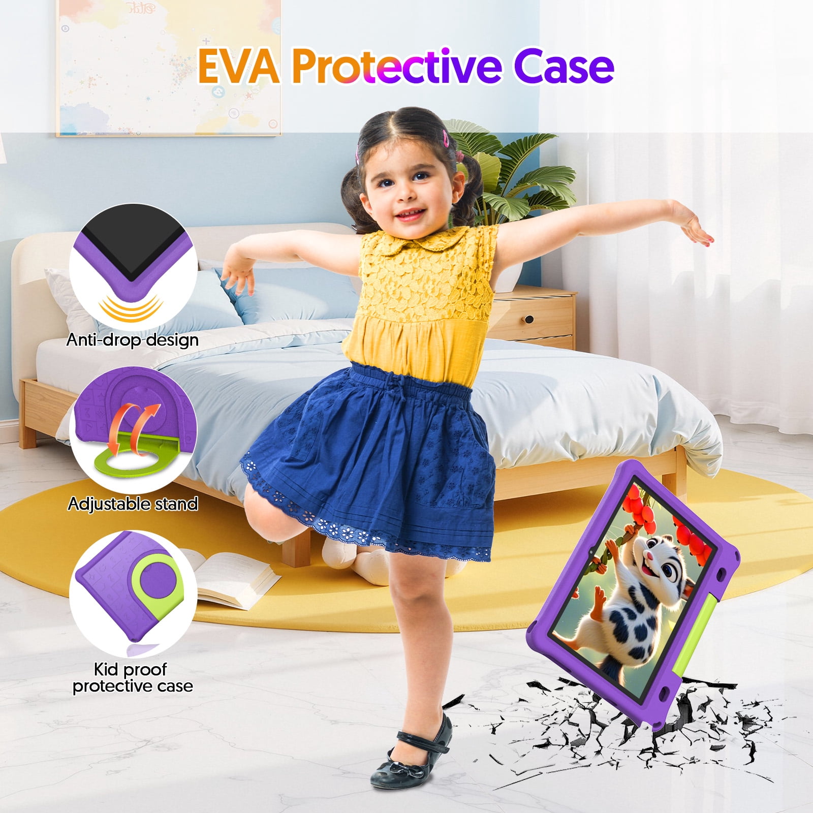 10inch Kids Tablet Android 15,1280x800 HD Ips Display Tablet with Eva Case,12GB (3g+9g) RAM+64GB Rom,Quad-Core, Wi-Fi6,6000mAh,Parental Control App Google Certified - Purple