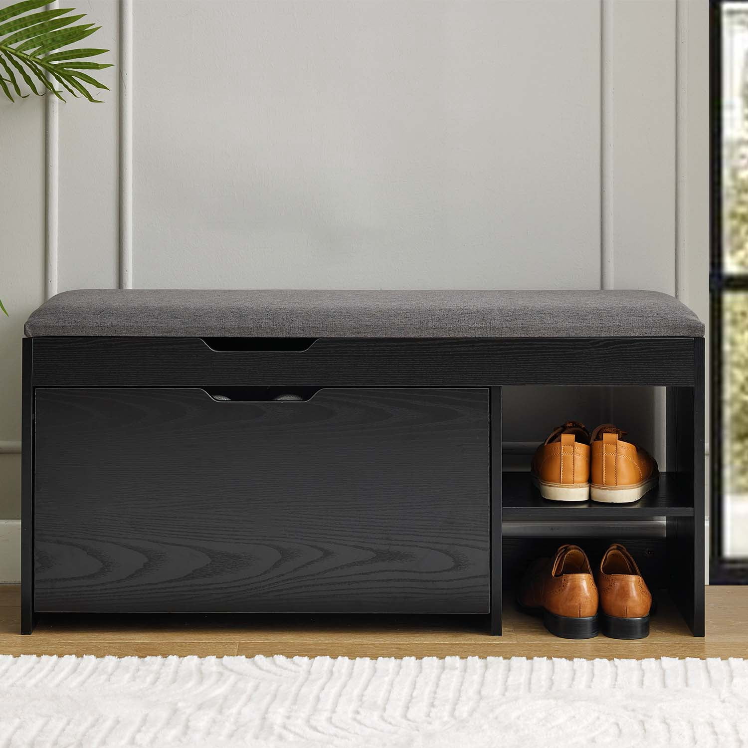 Shoe Storage Bench with Cushion Seat, Flip Drawer & Adjustable Shelves for Hallway, Bathroom, Garage, Black