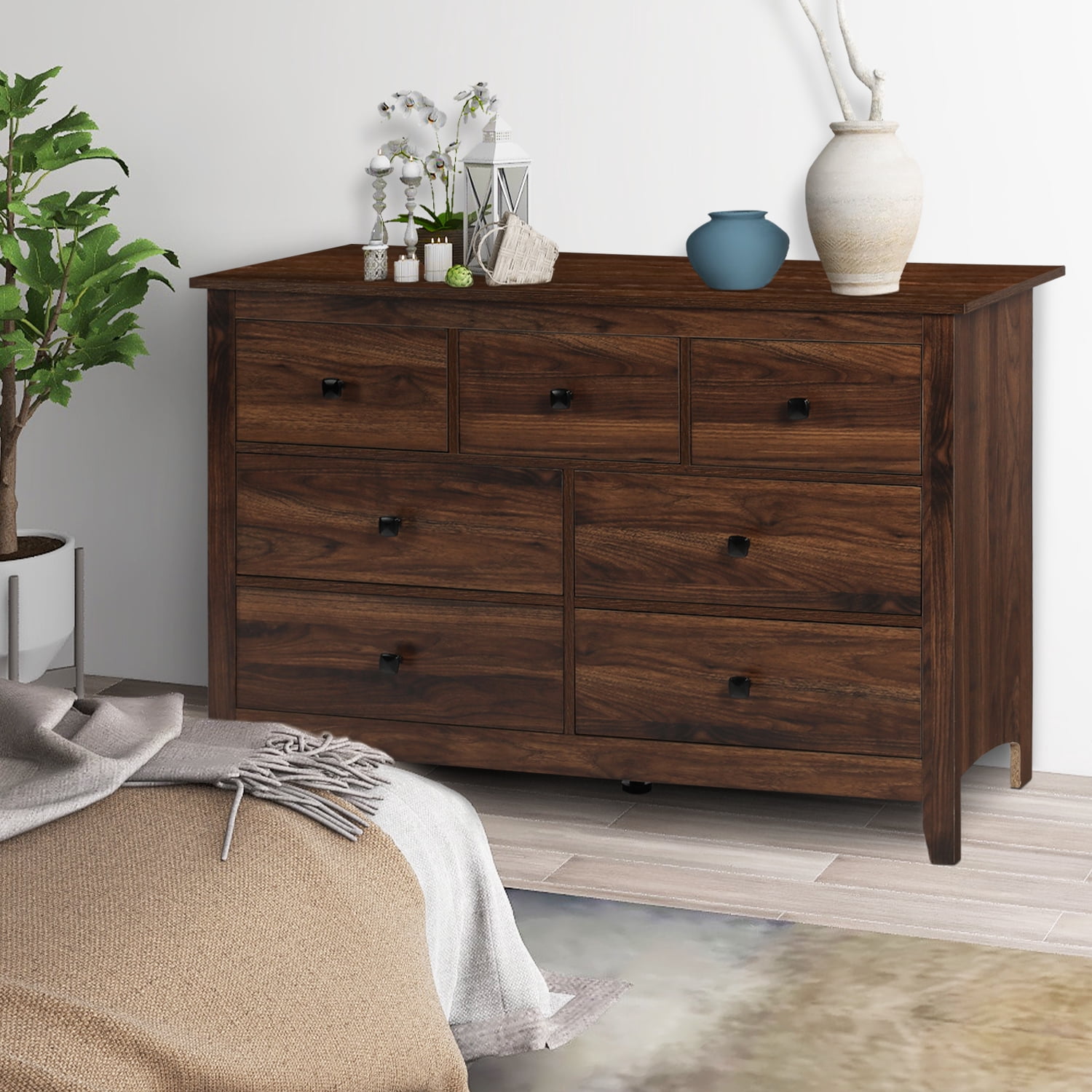 LAZZO 7-Drawer Dresser, Farmhouse Wooden Chest of Drawers for Bedroom Living Room and Hallway, Brown