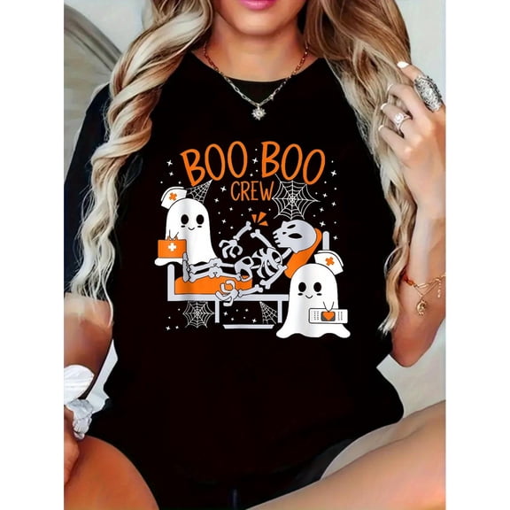 Playful Halloween Medical - Themed Patterned Tee,Tops Boasts "BOO BOO CREW" Text and Ghost Nurses, Skeleton Patient Illustration, Round Neck Regular Fit T - shirts, Size(S - 5XL)