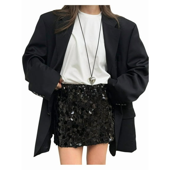 Mini Sequin Skirt for Women Stretchy Pencil Bodycon Night Out Party Club Sparkly Skirts Black S