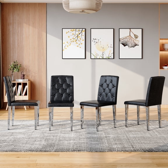 Gearwell Upholstered Dining Chairs Set, 4 Black PU Leather Kitchen Side Chairs with Ergonomic Buckle Backs, 35-Inch Height and Silver Metal Legs for Dining Room and Banquet Hall