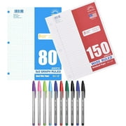 Bundle Of Norcom Filler Paper (150 Sheets), Norcom Graph Paper (80 Sheets), Bic Cristal Xtra Bold Pens (10 Assorted) (Wide Ruled)