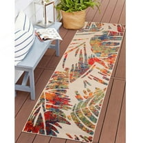 BNM Tropical Leaves Indoor Outdoor Runner Rug, 2' 3" x 12', Cream