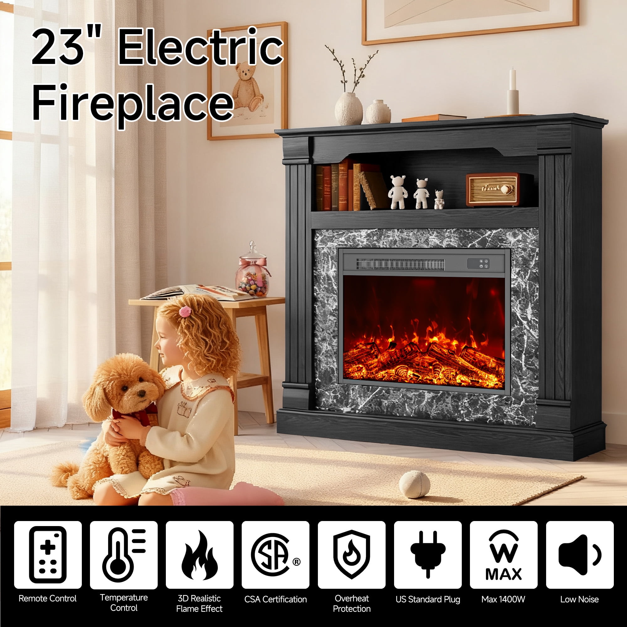 LIGHTINN 40" Freestanding Electric Fireplace With Mantel for Small to Medium Space, Overheat Protection & 3D Flame Effect with Remote Control, Black