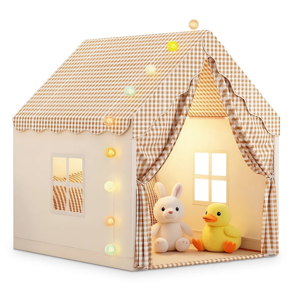 AMTPM Kids Play Tent 2 in 1 with Padded Mat and Lights, Large Kids Playhouse with 2 Doors & 4 Windows, Indoor & Outdoor