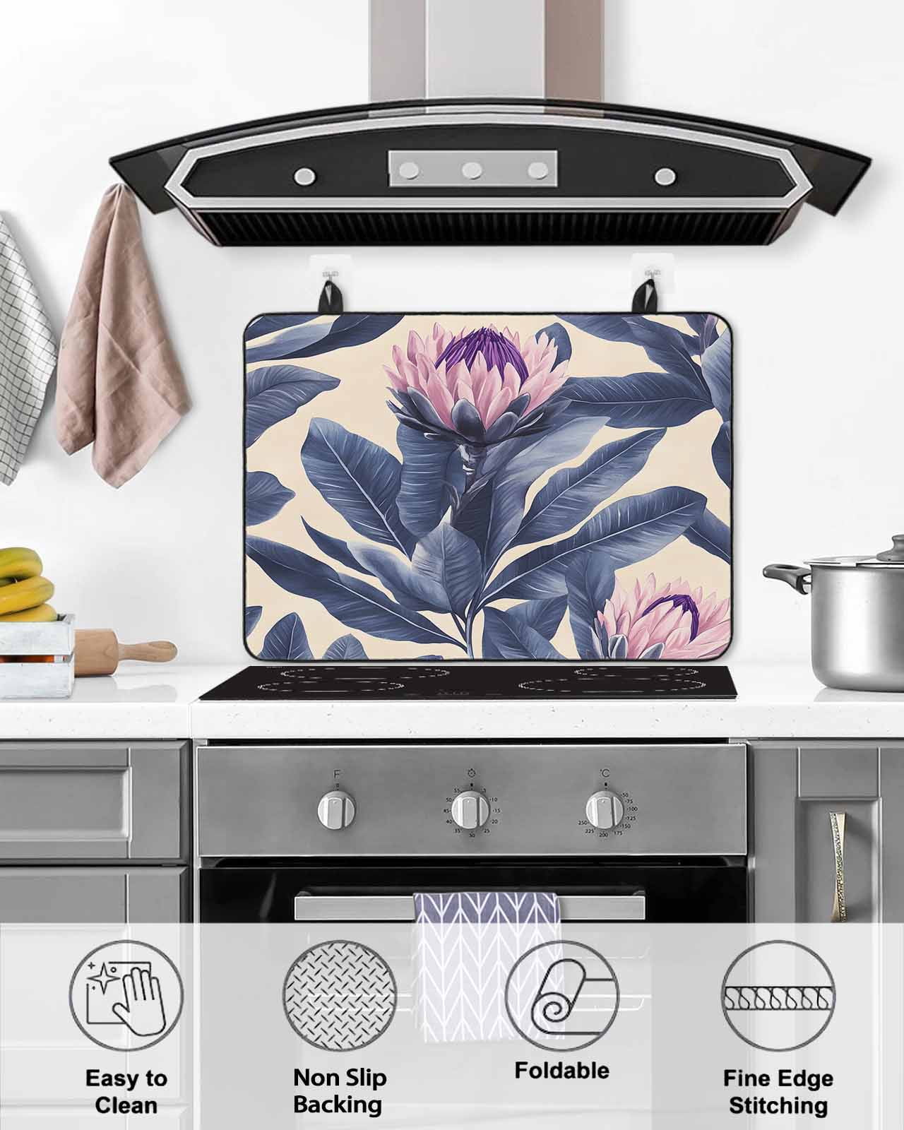 nqOlkjepod Large Induction Cooktop Protector Mat 24"x21", Blue Pink Purple Floral Stove Top Covers for Electric Stove, Oil Painted Botanical Art Stove Burner Cover Mats, Glass Top Stove Cover
