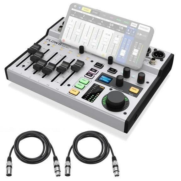 Behringer FLOW 8 8-Input Digital USB Audio Mixer with Bluetooth, Bundle with XLR Cables