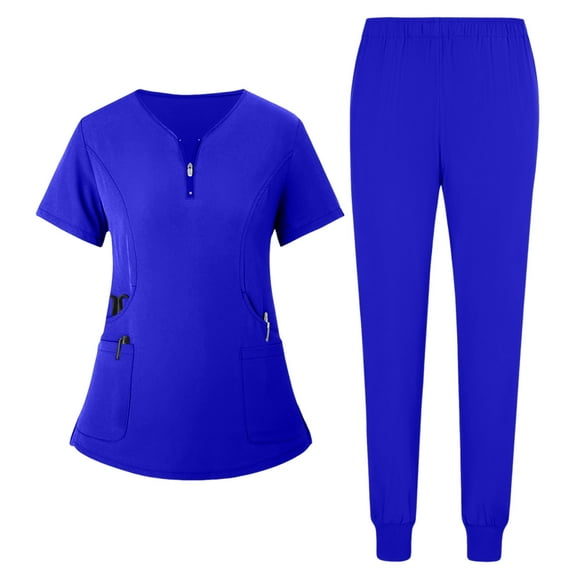 Scrub Sets for Woman 2025 Essential Jogger Scrub Set Nursing Uniform Stretch V-Neck Top & Drawstring Cargo Pants Royal Blue XXL