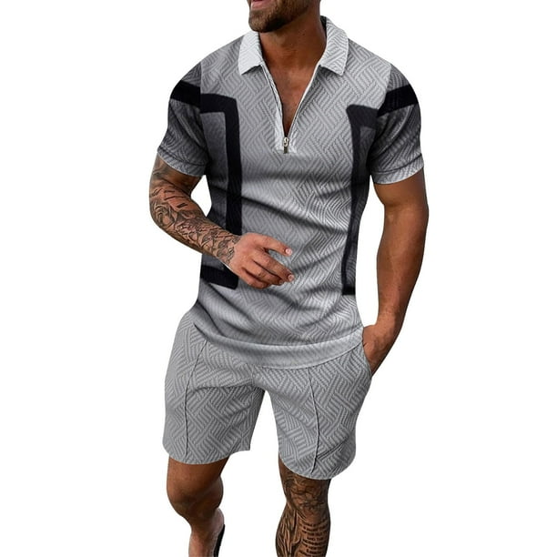 Conjunto de 2 piezas Cagnkofi para hombre, conjunto informal de verano con camisa y pantalones cortos de manga corta con cremallera, conjunto de chándal para vacaciones casuales en la playa