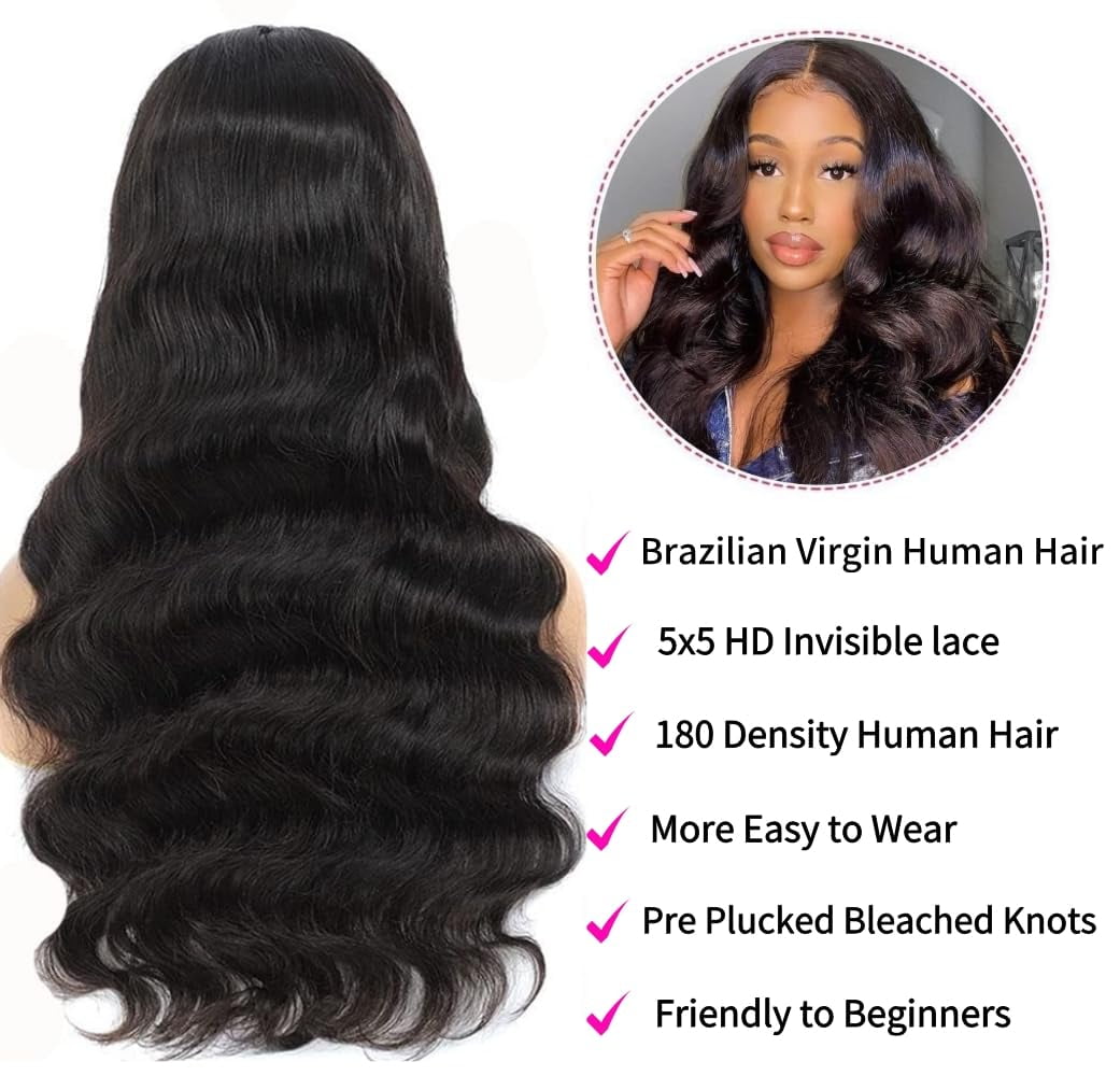 5x5 HD Lace Closure Wigs Human Hair Wear and Go Glueless Wigs Human Hair Pre Plucked Pre Cut 180% Density, 20 Inch 5x5 Body Wave Closure Human Hair Wig for Beginner Friendly Natural Black