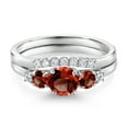 thumbnail image 3 of Gem Stone King 10K White Gold Red Garnet and White Lab Grown Diamond 5 Stone Bridal Engagement Wedding Ring Set for Women (1.41 Cttw, Round: 5MM and 3MM, Size 5), 3 of 6