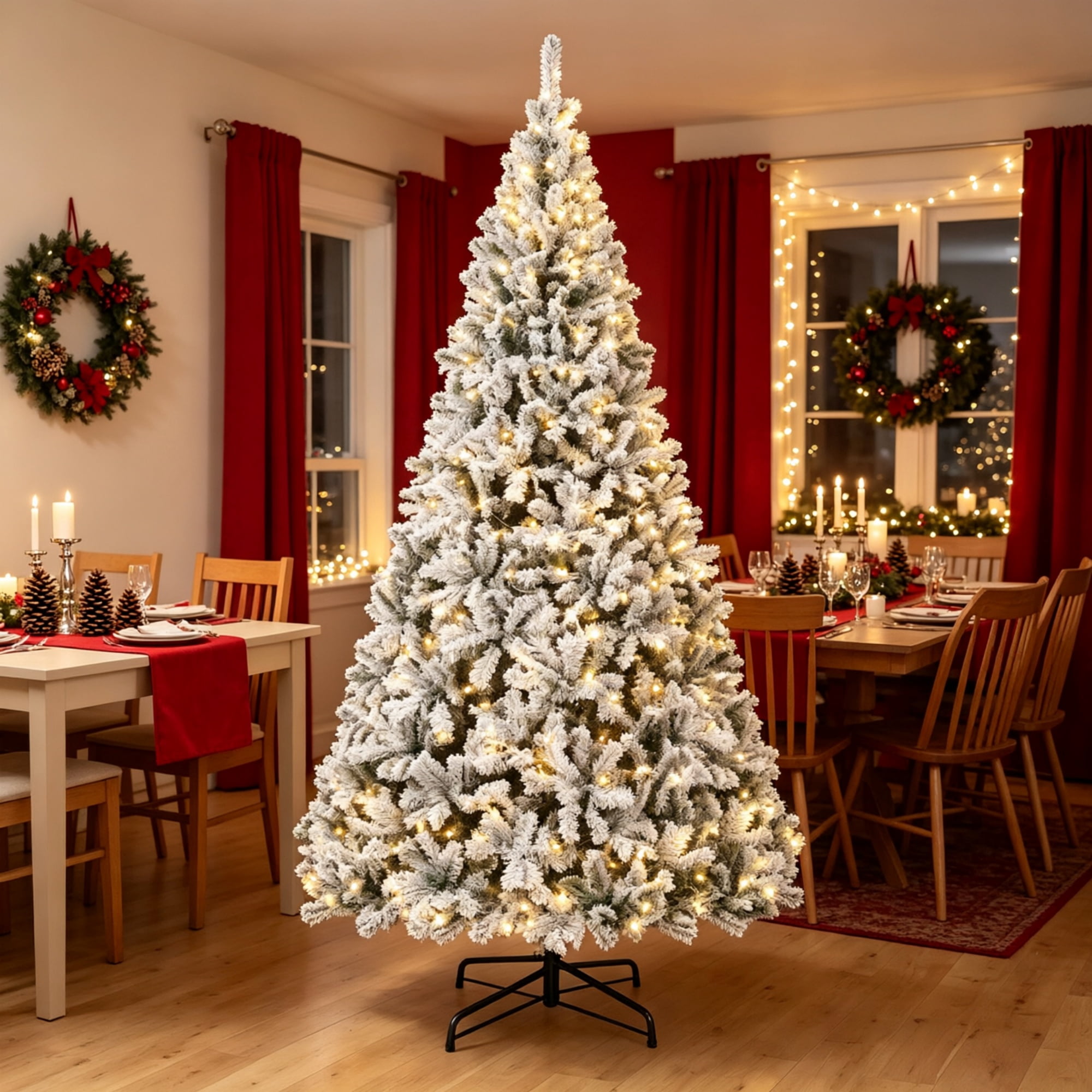 9 ft Pre-Lit Flocked Christmas Tree with 600 Warm White Lights, Hinged Branches, 1852 Tips, Foldable Steel Stand for Indoor Holiday Decor