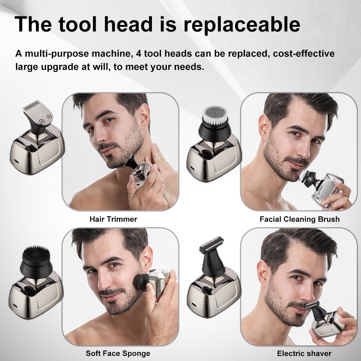 TiokMc 6-in-1 Waterproof Electric Head Shaver for Men, 7D Rotary Blades, LED Display, USB Rechargeable Grooming Kit with Trimmer, Nose Hair Cutter, and Accessories