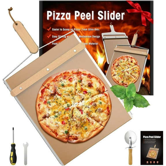 Sliding Pizza Peel 16" & 22x13 Metal Board, Bamboo Paddle w/Detachable Handle & Free Pizza Cutter for Beginners, Outdoor Oven Baking