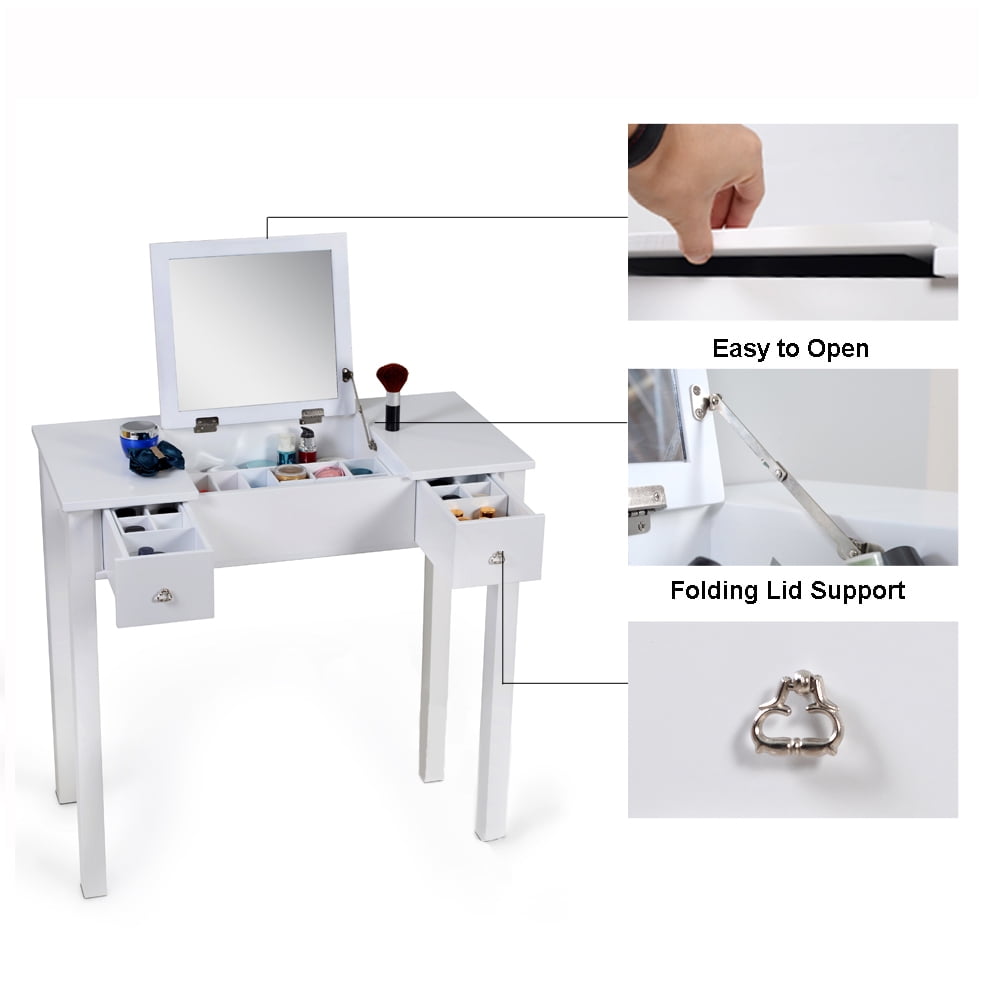 Organizedlife White Vanity Table Jewelry Storage Makeup Desk With Dressing Mirror And Drawer