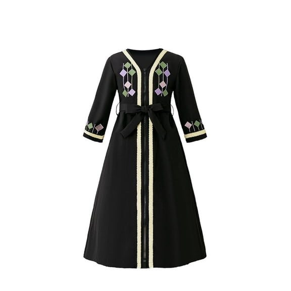 Muslim Maxi Dress for Girls Kids Long Sleeve Zip Up Long Robe with Belts Vintage Classic V Neck Abaya Flowy Casual Modest Embroidered Dresses Pullover Jumper Dubai Prayer Robes Black 4-5 Years