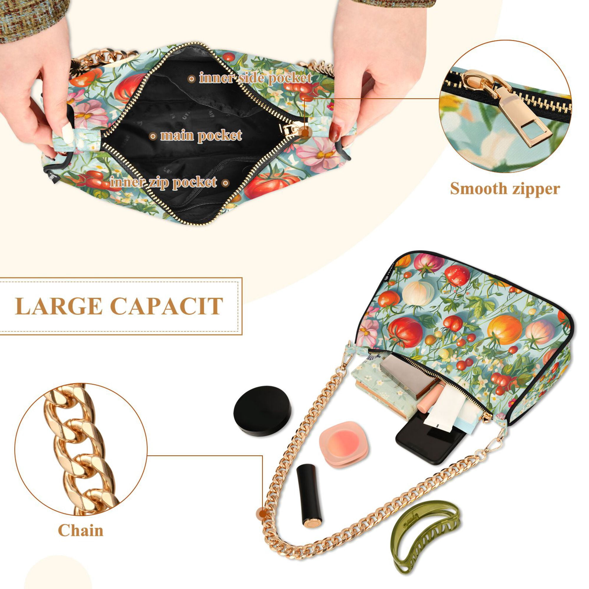 FORMRS Womens Shoulder Bag with Chain Strap Clutch Purse Cute Tote Handbag, Green Floral Tomatoes