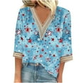 thumbnail image 2 of Womens 4th of July Blouse Womens 4th of July Shirts Red White and Blue Shirt Womens Independence Day Womens Shirts Fashion Women's Summer V-Neck 3/4 Sleeve Lace Print Casual T-Shirt Blouse, 2 of 5