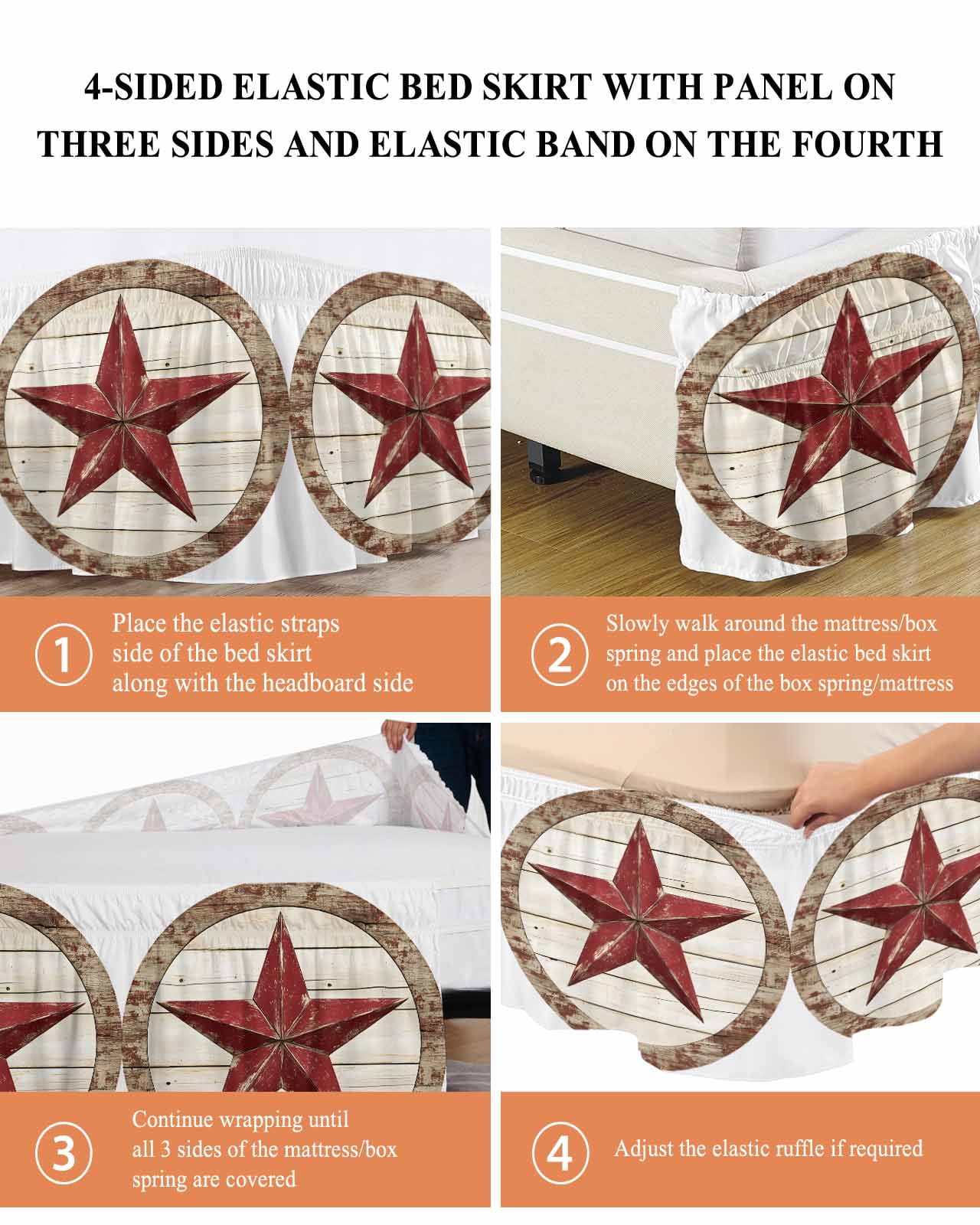 Red Star Bed Skirt California King Size 18 Inch Drop, Country Star Adjustable Elastic Dust Ruffles Bedskirt Wrap Around Pleated Mattress Frame Cover