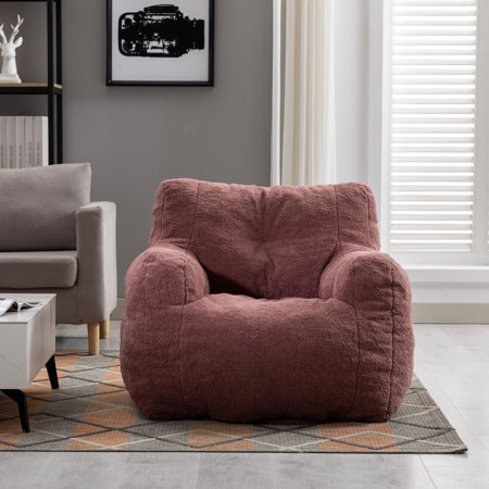 Soft Tufted Foam Bean Bag Chair with Teddy Fabric - Red - Memory Sponge - Indoor Furniture - 39.37 x 39.37 x 27.56