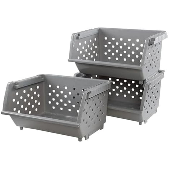 3 Pack Plastic Stackable Storage Baskets, Open Front Stacking Bins, Grey$$Home Decor, Kitchen, & Other