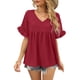 thumbnail image 2 of Camisetas de manga corta con volantes y cuello en V informales para mujer Camisetas sueltas de manga corta para mujer, 2 of 6