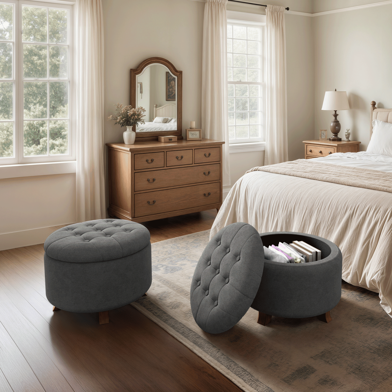 Magshion Storage Ottoman with Padded Seat, Modern Cotton-linen Footrest, Round Seat stool for Living Room Bedroom , Dark Gray