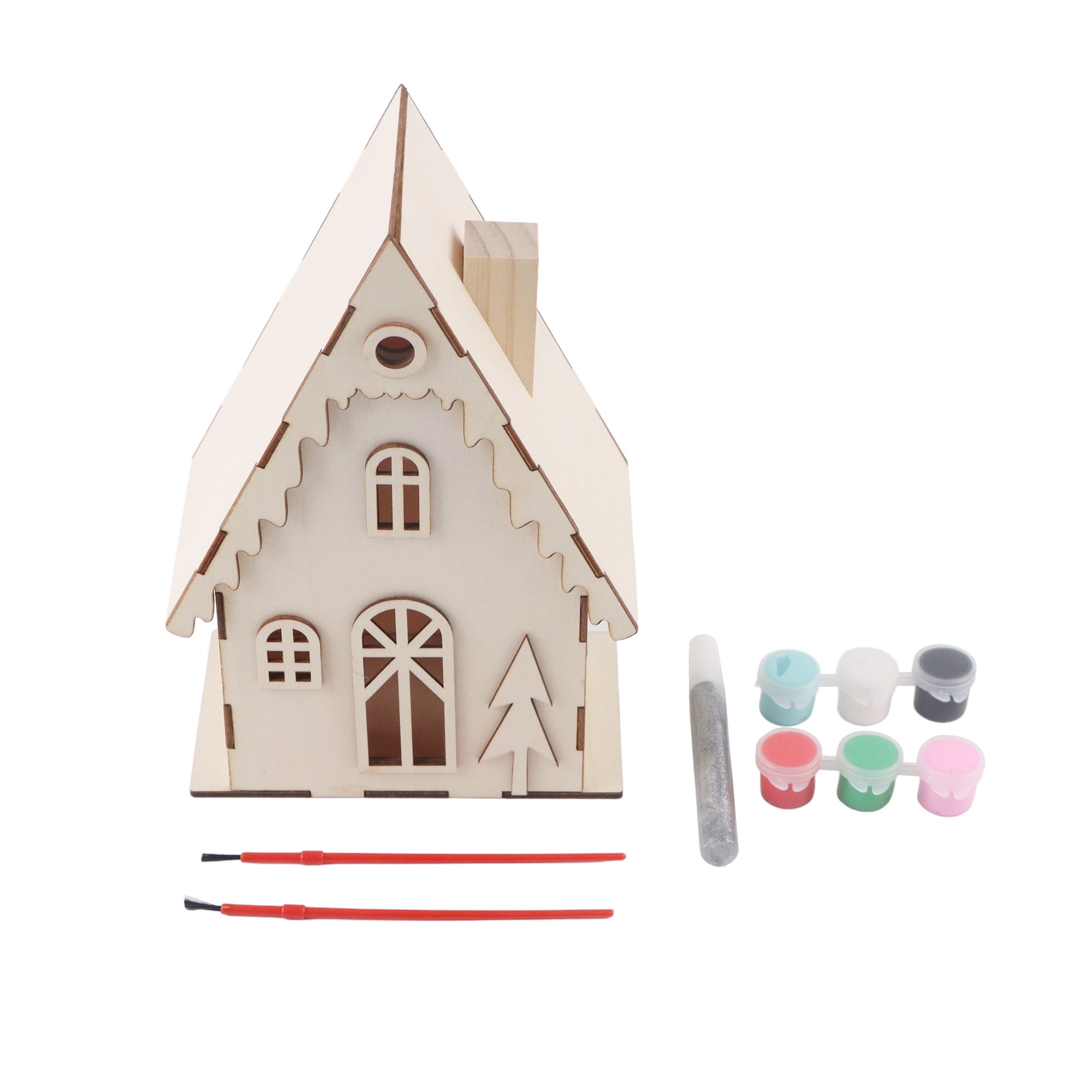 LED Light Up House and Paint Kit, 6.4 x 10 x 3.7 Inch, Wooden Decoration, Unisex,Christmas