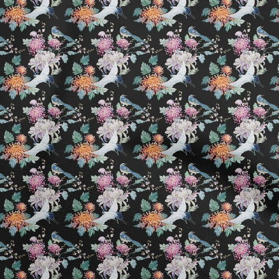 oneOone Polyester Spandex Black Fabric Asian Japanese Floral Craft Projects Decor Fabric Printed By The Yard 56 Inch Wide
