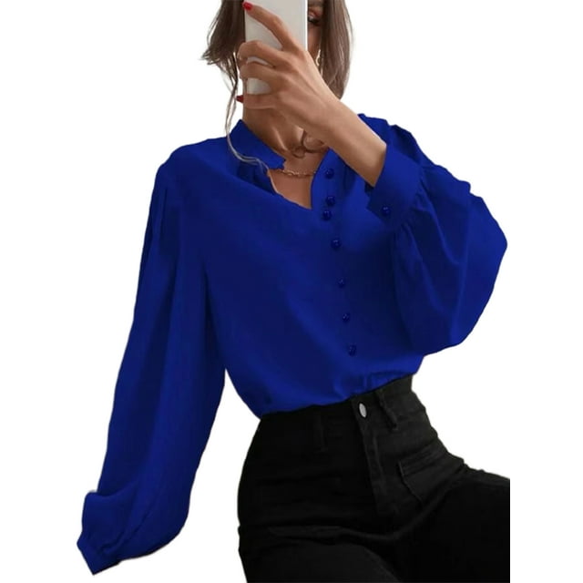 LUXUR Hauts à Manches Longues pour Femmes Chemises de Travail Amples Bleu P