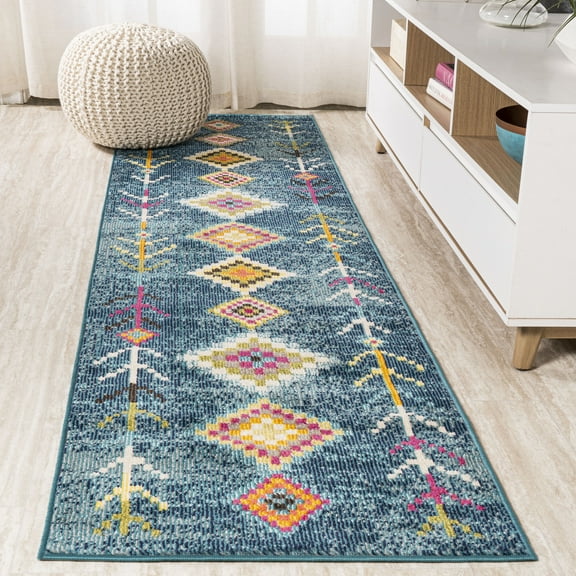 JONATHAN Y MOROCCAN HYPE 2 x 8 Runner Rug, Tribal Love Geometric - Dark Blue/Multi, MOH105A-28