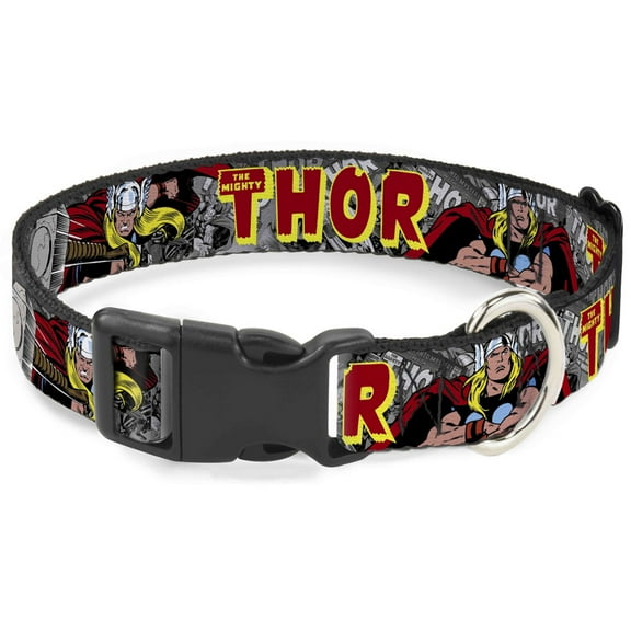Marvel Comics Pet Collar, Dog Collar Plastic Buckle, The Mighty Thor Action Poses, 7 to 8.5 Inches 0.5 Inch Wide
