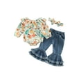 thumbnail image 1 of Seyurigaoka Baby Girls Autumn Outfit Sets Long Sleeve Floral Romper Tops + Denim Flared Pants + Bow Headband for 3-24M Toddler Kids, 1 of 8