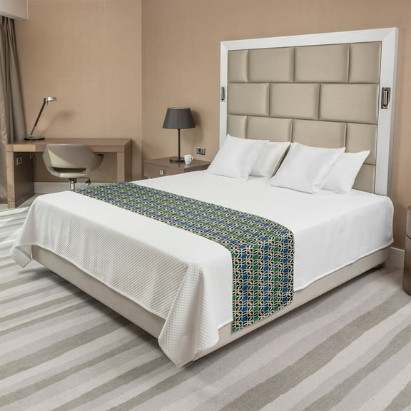 Moroccan Bed Runner, Geometric Hexagonal Pattern Stars Style Eastern Zellige Art, Decorative Accent Bedding Scarf for Hotels Homes and Guestrooms, Queen, Green Blue Black, by Ambesonne