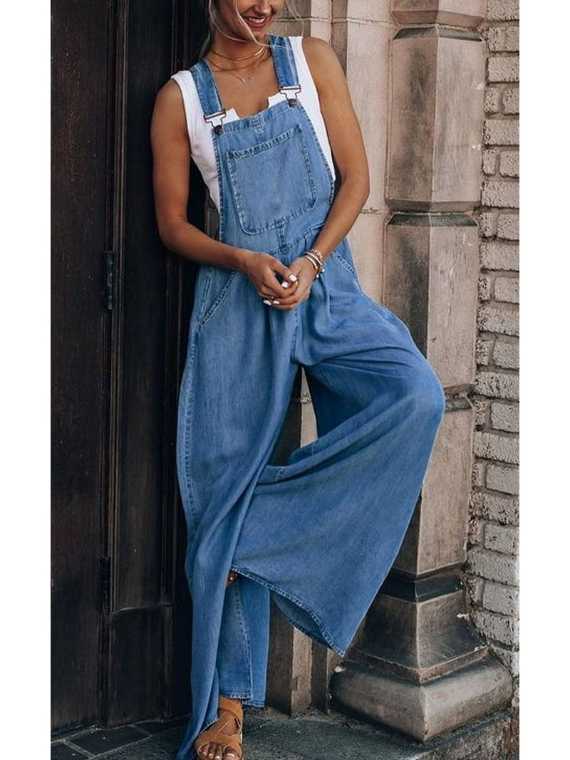 Chouyatou Women's Loose Denim Overalls, Wide Leg Bib Jean, Blue, X