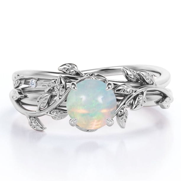 JeenMata Ópalo Etíope Redondo de 1 Quilate y Moissanita - Engaste de 4 Puntas - Juego de Boda de Inspiración Botánica - Baño de Oro Blanco de 18 K sobre Plata