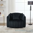 thumbnail image 3 of NEW 40.35"W Upholstered Oversized 360° Swivel Accent Barrel Chair and Half Cozy Sofa with 3 Pillows, Velvet Channel Tufted Pumpkin-Shape Club Armchair for Living Room, Bedroom, Office, Lounge,BLACK, 3 of 9