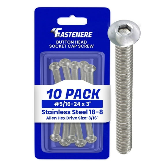 Fastenere Button Head Socket Cap Screws - 5/16-24 x 3" (10 Pack) Stainless Steel 18-8, Full Thread, Bright Plain Finish, Corrosion-Resistant, Machine Thread, Easy to Install w/ Allen Socket Drive