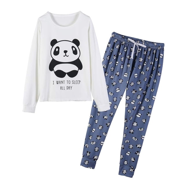 YIJIU Pyjama pour Femmes Manches Longues Haut et Pantalon Ensemble de Pyjama Imprimé Panda, Bleu, TTG